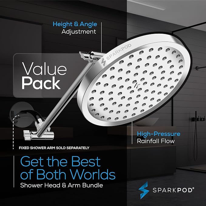 SparkPod 8" Round Rain Shower Head with 11" Shower Arm | Shower Head & Extension Arm Combo, Height Adjustable, High Pressure Performance, Easy 1-Minute Installation,Polished Chrome