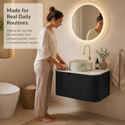 30 Inch Bathroom Vanity with Sink, Floating Wall Mounted Single Sink Vanity, Black Curved Fluted Front, Stone Top, Marble-Look Round Vessel Basin, Pre-Assembled