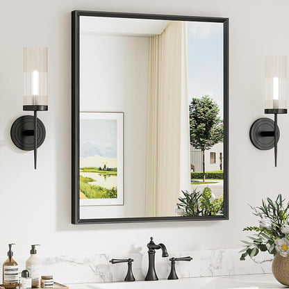 Keonjinn 24 x 30 Inch Black Bathroom Mirrors for Over Sink, Metal Framed | Anti Rust, Beveled Rectangle Framed Mirrors for Wall, Black Bathroom Vanity Mirror, Tempered Glass, Square Corner