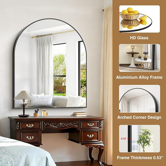 COFENY Arched Mirror, 40’’x48’’ Black Arch Mirror for Bathroom, Large Arched Bathroom Mirror with Frame, Modern Wall Mounted Mirror for Over Sink Mantle Bedroom Vanity Living Room Entryway