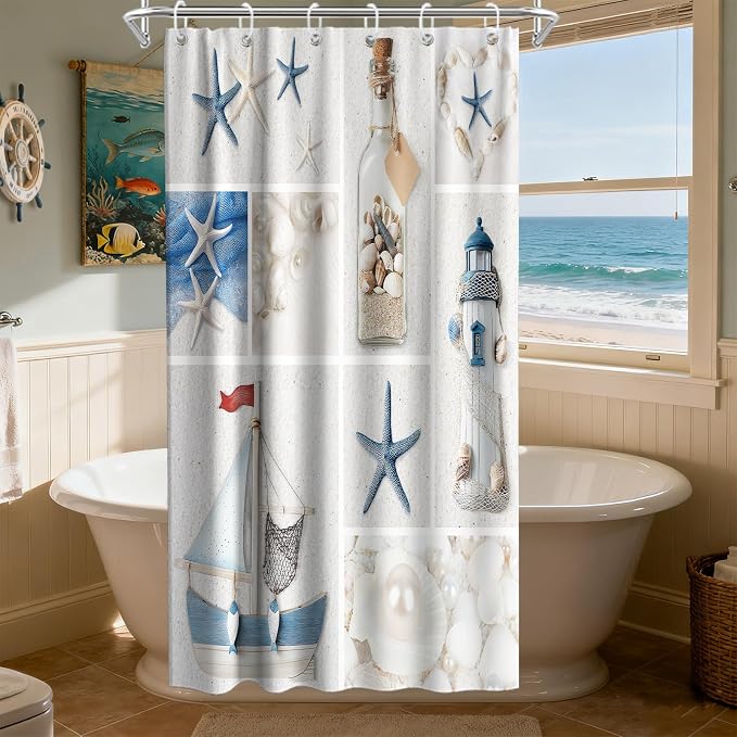 Beach Small Shower Curtain Ocean Modern Nautical Theme Fabric Aesthetic Lighthouse Seashell Bathroom Decor Sets with Grommets and Hooks 36 W x 72 H Inches Blue and White