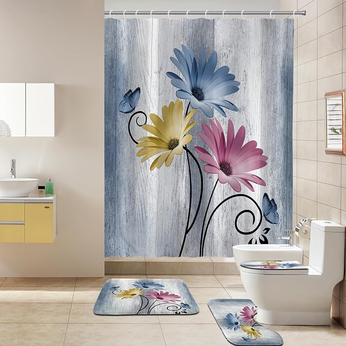 Onalasyc 4PCS Hot Pink Daisy Bathroom Sets with Shower Curtain and Rugs | Country Floral Butterfly Shower Curtain Set,Modern Bathroom Decor Shower Curtains Set with Rugs Toilet Lid Cover and 12 Hooks