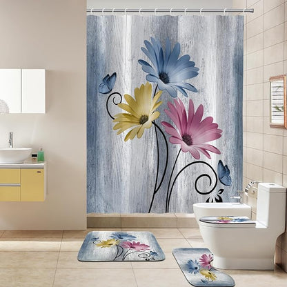 Onalasyc 4PCS Hot Pink Daisy Bathroom Sets with Shower Curtain and Rugs | Country Floral Butterfly Shower Curtain Set,Modern Bathroom Decor Shower Curtains Set with Rugs Toilet Lid Cover and 12 Hooks