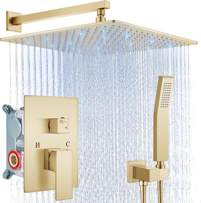 Aolemi Shower Faucet Set with Valve Handheld 16" LED Head Brushed Gold | Handheld Spray,16 Inch Rain LED Head,Valve and Trim Kit,All Metal,Wall Mount Shower System,Bathroom Mixer