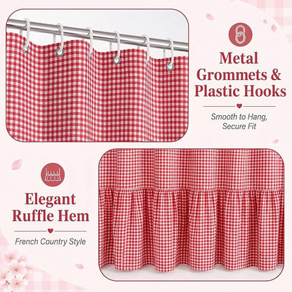 HunnmingRe Ruffle Hem Gingham Shower Curtain, Red Farmhouse | Waterproof Fabric for Bathroom, Machine Washable, Standard Size Fits Most Tubs, Farmhouse Cottage Style Decor