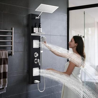 Shower Panel Tower System with Shelf, Adjustable Body Jets and Tub Spout | Rainfall shower panel with angle adjustable side jets, tub spout, 5-function handheld sprayer and built-in shelf