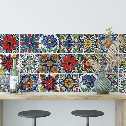 30 Pcs Mediterranean Style Peel and Stick Wall Tile Decals - Waterproof Vinyl Stickers for Kitchen Backsplash, Bathroom, Stair Riser Decor - Spanish Floral Pattern - 4x4 Inch