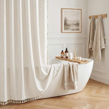 Cream Linen Shower Curtain with Tassels Water Repellent 72x72 Inch | Modern Elegant Bohemian Country Minimalist Style, Bathroom Decor Shower Curtains, Ivory Natural, Fabric Drapes, with Hooks