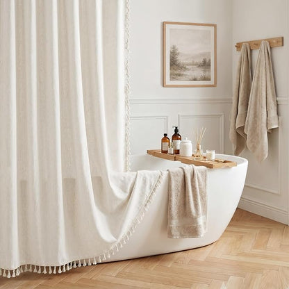 Cream Linen Shower Curtain with Tassels Water Repellent 72x84 Inch | Modern Elegant Bohemian Country Minimalist Style, Bathroom Decor Shower Curtains, Ivory Natural, Fabric Drapes, with Hooks