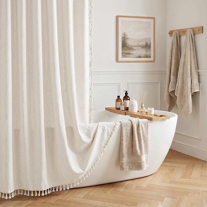 Cream Linen Shower Curtain with Tassels Water Repellent 72x90 Inch | Modern Elegant Bohemian Country Minimalist Style, Bathroom Decor Shower Curtains, Ivory Natural, Fabric Drapes, with Hooks
