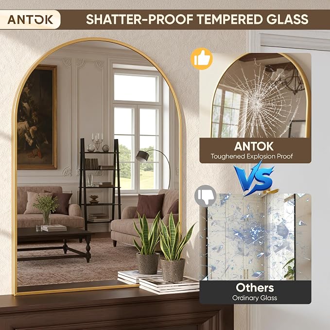 Antok Arched Bathroom Mirror, 30"x40" Wall Mounted Mirror, Vanity Mirrors for Over Sink, Aluminum Alloy Frame Bathroom Mirrors Living Room, Bedroom and Entryway, Gold
