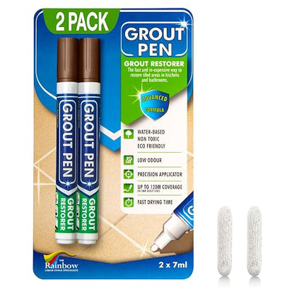 Grout Pen Brown Tile Grout Paint Marker - 2 Pack w/Extra Tips (7mL) | Waterproof Grout Refresh Restorer for Kitchen & Bathroom, Tile Grout Colorant and Sealer Pens - Narrow Tip 5mm - Brown