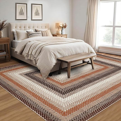 Imitation Braided Collection-Print Washable Area Rugs 10x13 Rug for Living Room Large Area Rug for Bedroom Rustic Non Slip Throw Rugs Low Pile Stain Resistant Carpet for Office Dining Room