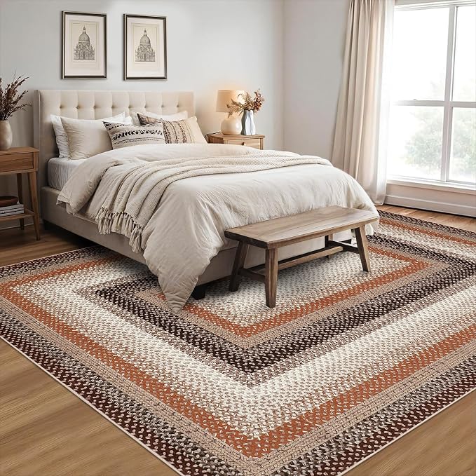 Imitation Braided Collection-Print 6x9 Area Rugs for Living Room Washable Bedroom Rug Geometric Large Area Rug Soft Non Slip Throw Rugs Low Pile Stain Resistant Carpet for Dining Room 6'x9'
