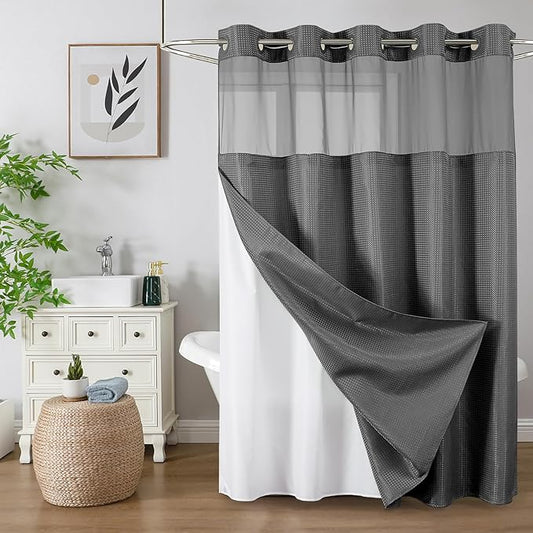 Colorful Star Charcoal Grey No Hook Waffle Shower Curtain Set, 72 x 75 Inch | Snap-In Fabric Liner, Mesh Top Window, Heavy-Duty Waffle Fabric, Waterproof Hotel Style Shower Curtain for Bathroom
