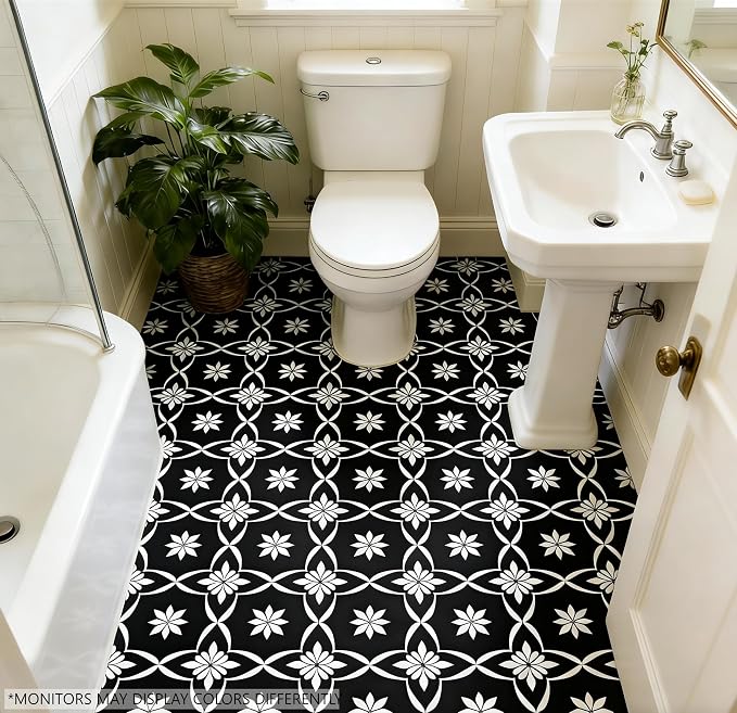 20-Pack Peel and Stick Floor Tile, 7.9”x7.9” Vinyl Flooring for Bathroom Kitchen, Waterproof Non-Slip Durable Self-Adhesive Easy DIY Removable No Residue Black