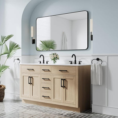 60-Inch Bathroom Vanity with Double Sinks W/ 4 Doors & 4 Drawers & 2 Flip Drawers, Oak Vanity W/Matte Black Handles