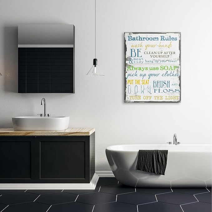 Stupell Industries 'The Stupell Home Decor 'Bathroom Rules ' Typography Bathroom', Canvas Art, 30 x 40 Inches, Easy to Hang and Sturdy, Made in USA, by Taylor Greene