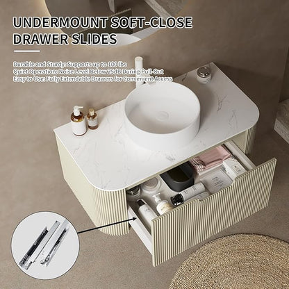 Yayzy 30" Floating Bathroom Vanity with Sink, Solid Wood Fluted Cabinet, White Round Ceramic Basin & Faux Marble Top, Soft-Close Drawer, Pre-Assembled, Light Green