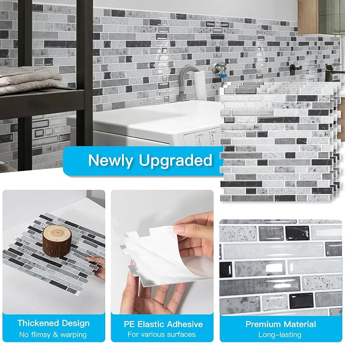 Art3d 10-Sheet Heavy-Duty Peel and Stick Backsplash, Waterproof Wall Tiles Stick on Kitchen Backsplash Living Space, Carrara Grey (Pack of 4)