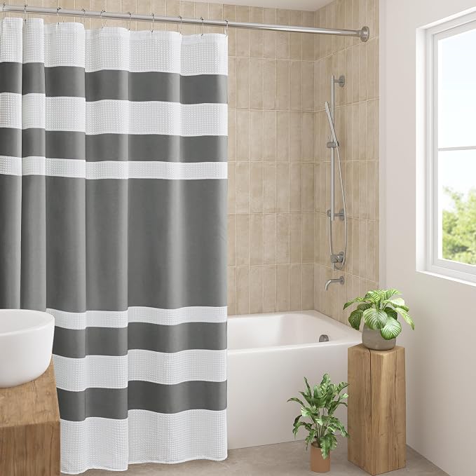 Madison Park Spa Waffle Shower Curtain for Bathroom, 72 x 72, Charcoal | Striped, Pieced Fabric Design, 3M Scotchgard Moisture Management, Hotel Quality, Modern, for Bathroom, OEKO-TEX Certified
