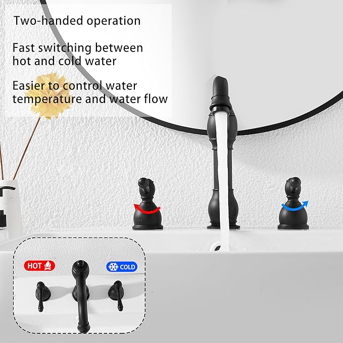 GGStudy 2 Handles 3 Holes Faucet Widespread Bathroom Sink Faucet Basin Tap Mixer Supply Hose Included Matching Pop Up Drain Matte Black