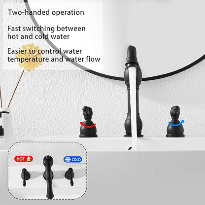 GGStudy 2 Handles 3 Holes Faucet Widespread Bathroom Sink Faucet Basin Tap Mixer Supply Hose Included Matching Pop Up Drain Matte Black