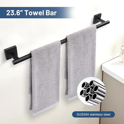 TURS Matte Black 5 Piece Bathroom Hardware Accessories Set, SUS304 Stainless Steel Bath Towel Bar Set, 24 Inch Round Bathroom Accessories Kit Wall Mounted