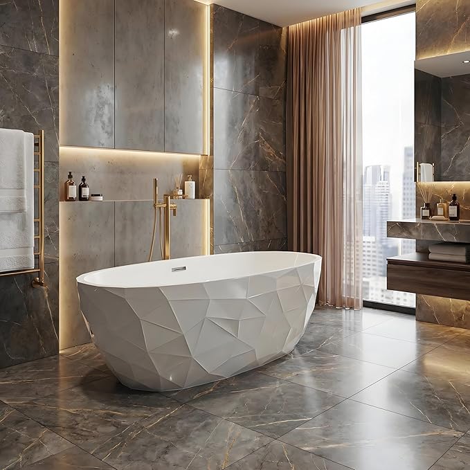 Freestanding Bathtub 67 Inch Acrylic Free Standing Tub – Diamond-Style Carved Texture Design, Freestanding Bathtubs with Chrome Overflow & Pop-Up Drain, Modern Stand Alone Tub for Bathroom Remodel