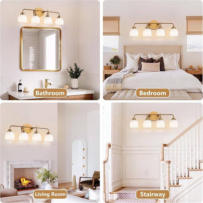 maesta Gold Broom Light Fixture,4 Light Vintage Vanity Light Over Mirror | Vintage Vanity Light, Brushed Gold Metal & Milk White Glass Shades, Anti-Rust, Easy to Install for Bathroom Hallway Bedroom