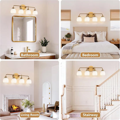maesta Gold Broom Light Fixture,4 Light Vintage Vanity Light Over Mirror | Vintage Vanity Light, Brushed Gold Metal & Milk White Glass Shades, Anti-Rust, Easy to Install for Bathroom Hallway Bedroom