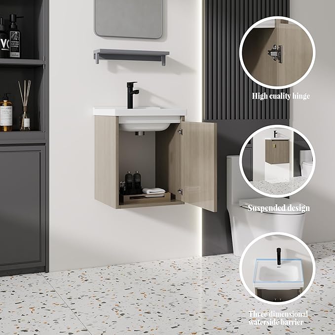 16'' Bathroom Vanity with Ceramic Sink Combo, Wall Mounted Small Bathroom Vanity with Soft-Close Door Modern Floating Cabinet, Pop-up Drain, P-Trap Included, BrownWalnut(No Faucet)