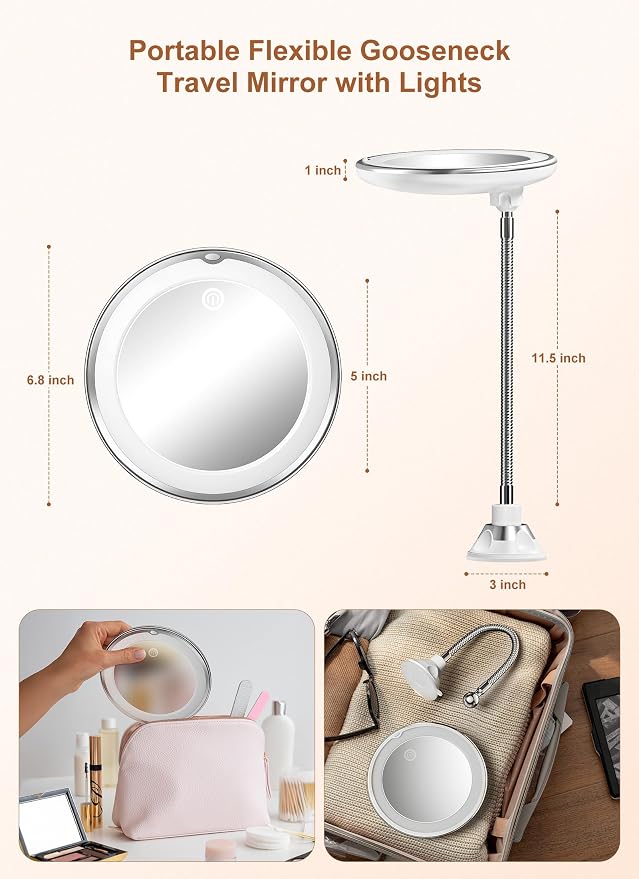 10x Magnifying Mirror with Light,Gooseneck Travel Make up Mirror 3 Lighting | Wall-Mounted Lighted Vanity Makeup Mirror, Cordless Battery Operated LED Mirror with Suction Cups for Shower Bathroom
