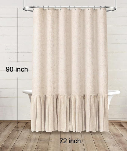 Farmhouse Shower Curtain Ruffle Linen Beige 72" W x 90" L | Linen Fabric, Farmhouse Boho, Bottom Ruffle, Rustic, Country, Natural Look, Washable, Shower Curtain for Bathroom Bathtub