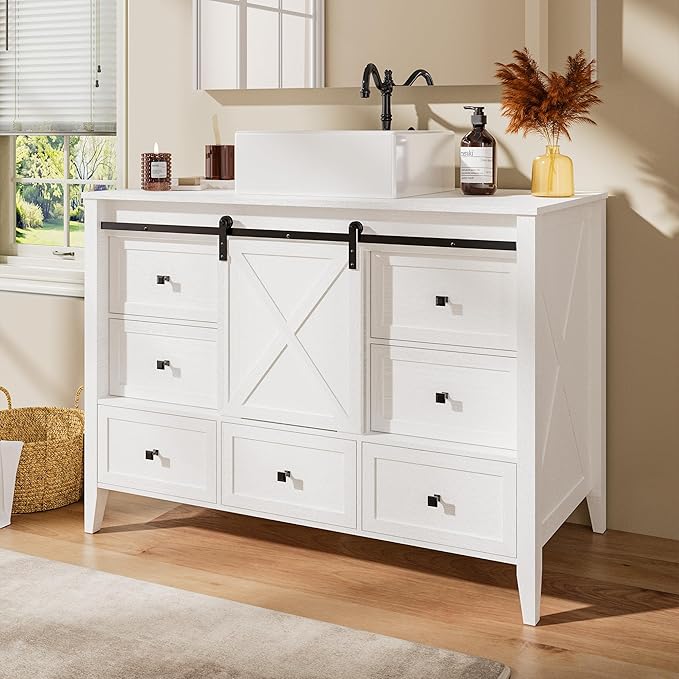 VNN Bathroom Vanity with Sink - 48 Inch Bathroom Vanity with Sink Ceramic, Freestanding Cabinet with Farmhouse Sliding Barn Door and 7 Drawers, Space-Saving Storage Cabinet, Wood Grain Texture, White