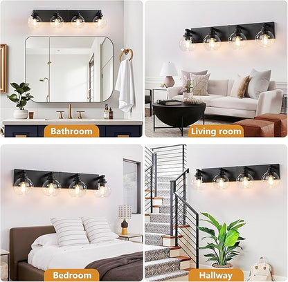 Bathroom Light Fixtures, 4-Light Matte Black Vanity Lights, Modern Bathroom Lighting Fixtures Over Mirror, Farmhouse Vanity Lights with Glass Shade for Living Room, Bedroom, Hallway