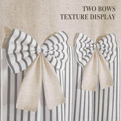 Farmhouse Shower Curtain Linen Bow Pleated Grey Stripe 72"W x 72"L | Farmhouse Style, Chic Bow, Striped, Linen Fabric, Rustic, Country, Natural Look, Washable, for Bathroom Bathtub
