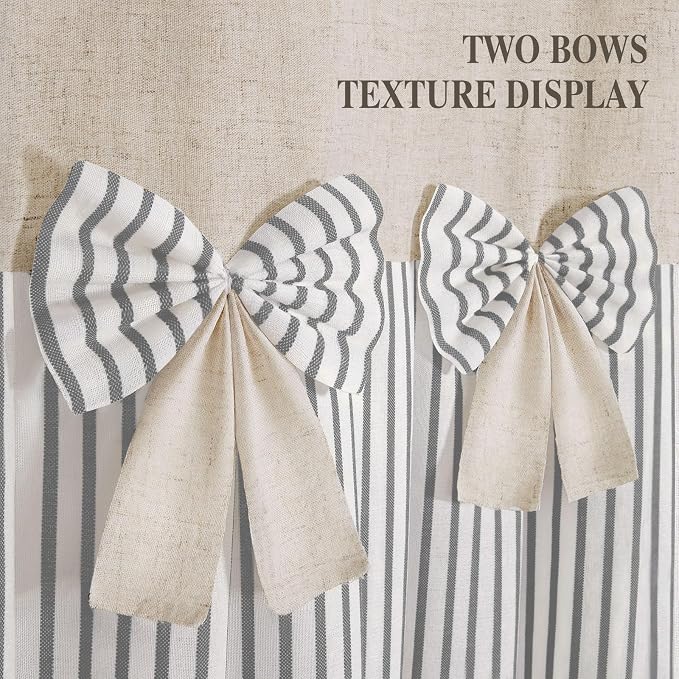 Farmhouse Shower Curtain Linen Bow Pleated Grey Stripe 72"W x 84"L | Farmhouse Style, Chic Bow, Striped, Linen Fabric, Rustic, Country, Natural Look, Washable, for Bathroom Bathtub