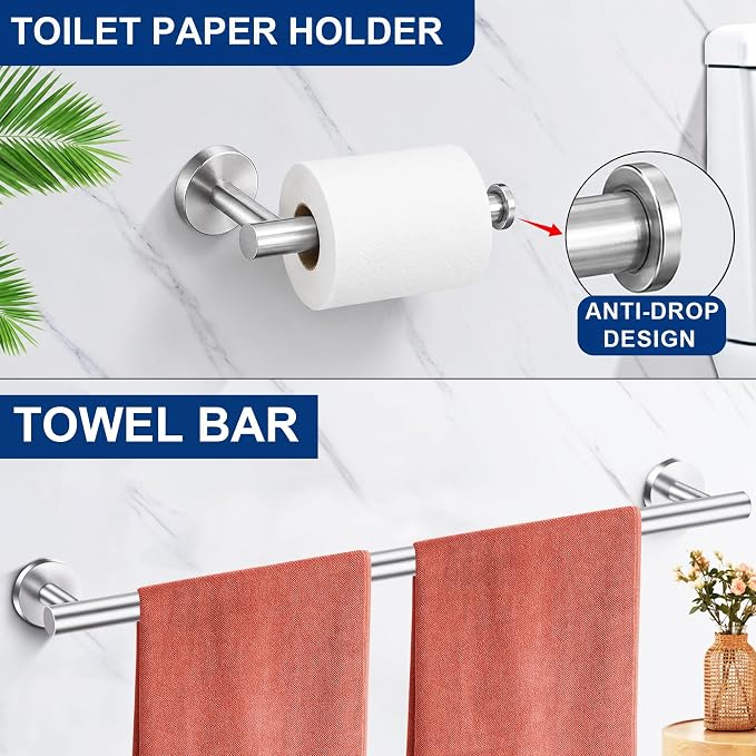 5 Pieces Bathroom Hardware Accessories Set Brushed Nickel, 24Inch Round Towel Racks Set for Bathroom, SUS304 Stainless Steel Towel Bar Set,Toilet Paper Holder Wall Mounted