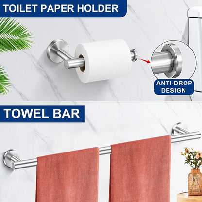 5 Pieces Bathroom Hardware Accessories Set Brushed Nickel, 24Inch Round Towel Racks Set for Bathroom, SUS304 Stainless Steel Towel Bar Set,Toilet Paper Holder Wall Mounted