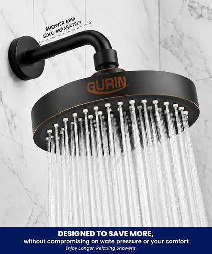 GURIN Shower Head - Luxury Oil Rubbed Black Finish - Rain Showerhead 6 Inch | High Pressure Shower Heads with Adjustable Angles, 90 Anti-Clog Nozzles, Tool-Free 1-Min Install