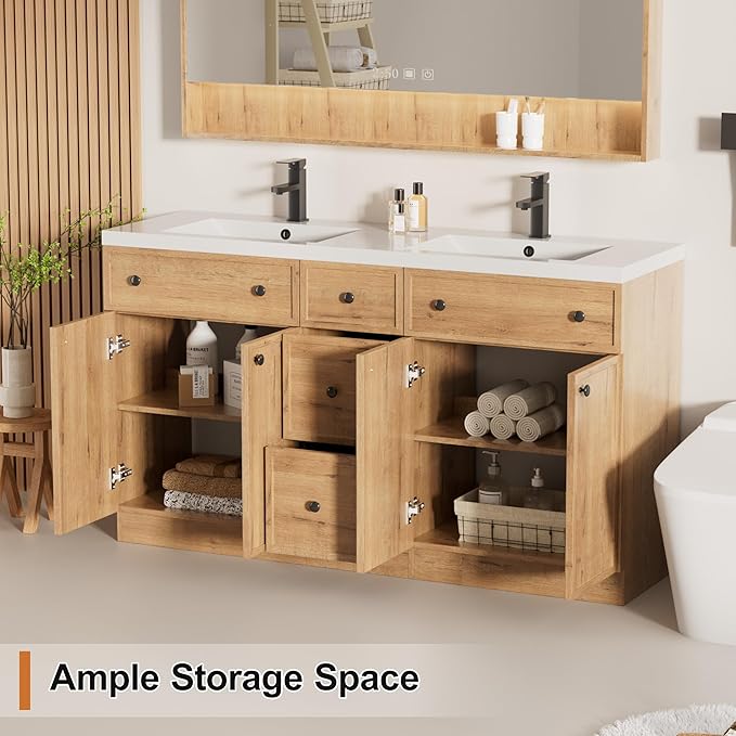 LUCKWIND 60" Bathroom Vanity Sink Combo, Modern Bathroom Cabinet with Double Undermount Solid Surface Vanity Sink, Soft-Close Hinges & Water-Saving Faucet, Natural