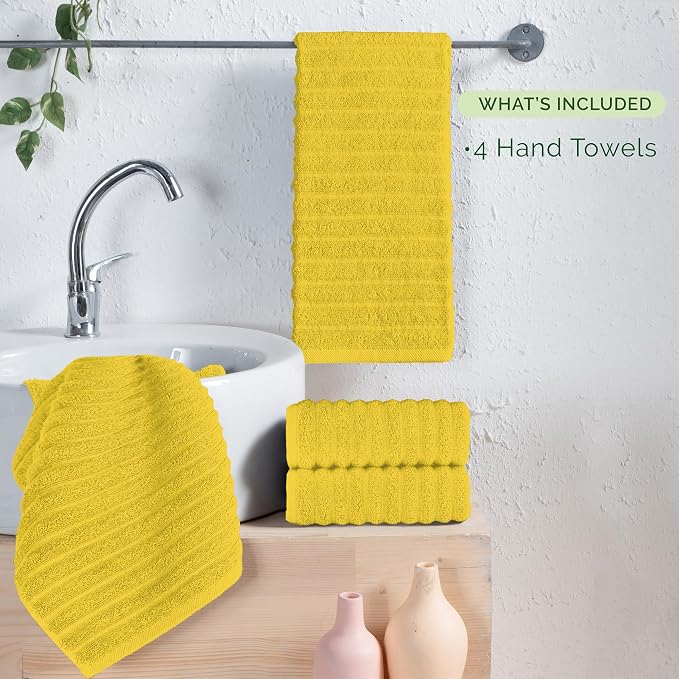 Elegant Comfort Luxury 100% Turkish Cotton Corduroy Ribbed 4 Pack Hand Towel Set 16 x 28 Inch - Absorbent, Super Soft, Quick Dry, Premium Towels for Bathroom, Gym, Spa and Hotel Use, Yellow