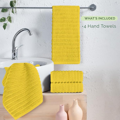 Elegant Comfort Luxury 100% Turkish Cotton Corduroy Ribbed 4 Pack Hand Towel Set 16 x 28 Inch - Absorbent, Super Soft, Quick Dry, Premium Towels for Bathroom, Gym, Spa and Hotel Use, Yellow