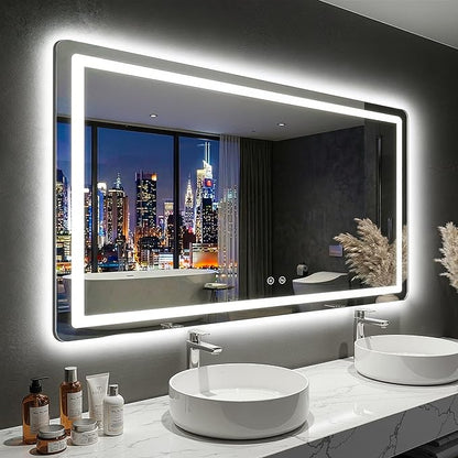 LED Bathroom Mirror with Lights - Anti-Fog, Dimmable, Backlit+Frontlit, 3 Color Light - 55"x30" Lighted Vanity Mirrors for Wall, Shatterproof Tempered Glass, Memory Function