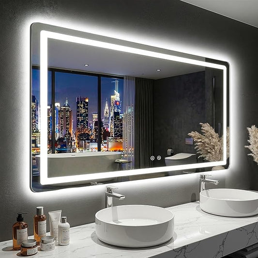 LED Bathroom Mirror with Lights - Anti-Fog, Dimmable, Backlit+Frontlit, 3 Color Light - 55"x30" Lighted Vanity Mirrors for Wall, Shatterproof Tempered Glass, Memory Function