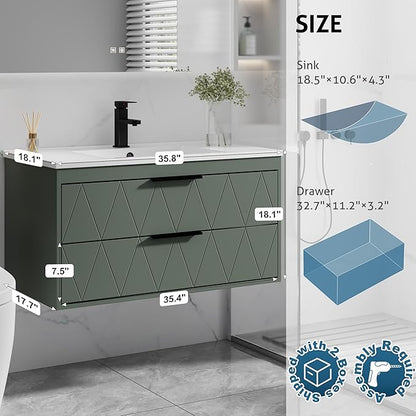 eclife 36" Bathroom Vanities Cabinet with Sink Combo, Wall Mounted Floating Cabinet W/Decor Line, Soft-Close System, 2 Extra Big Drawers, Matte Black Faucet, Gray Green