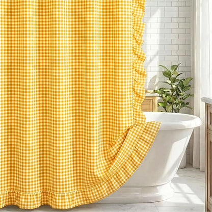 HunnmingRe Ruffled Gingham Shower Curtain Yellow | 72'' x 72'' Vintage Farmhouse Curtain, Cotton Cottage Core Rural Checkered Plaid Decor, Fall Shower Curtain for Bathroom