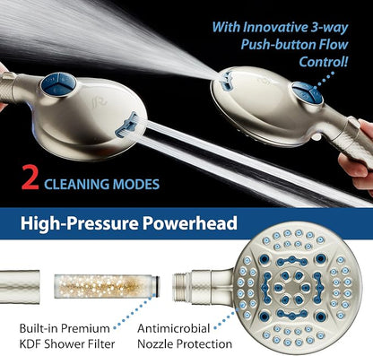 AquaCare 4X 10-Mode High Pressure Hand Shower w/Filter & 2-mode Power Wash | Filters Chlorine & Toxins, Softens Hard Water for Healthy Skin & Hair. Handheld Power Head Cleans Tub, Tile & Pets / Nickel