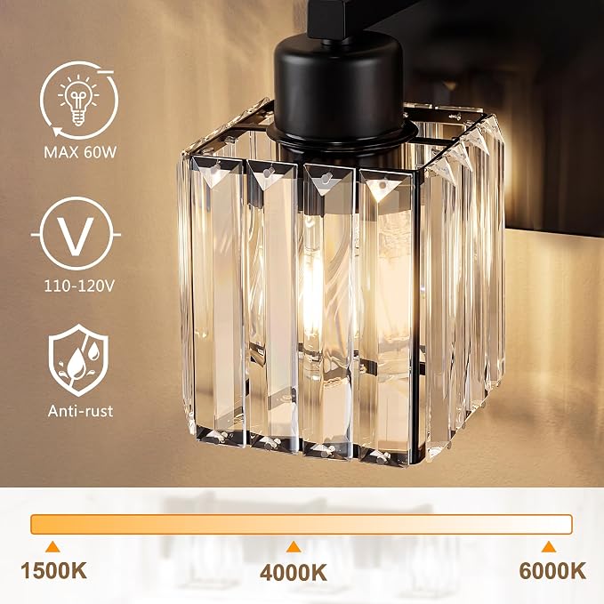 Modern Bathroom Vanity Light, 4-Light K9 Crystal Bathroom Lighting Fixtures Over Mirror, Black Vanity Light with Square Shade